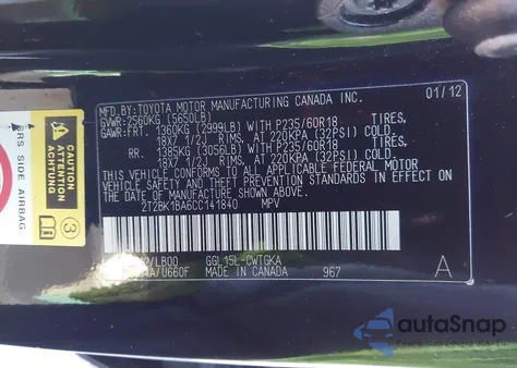 2012 Lexus Rx z USA, uszkodzony, nr VIN 2T2BK1BA6CC141840